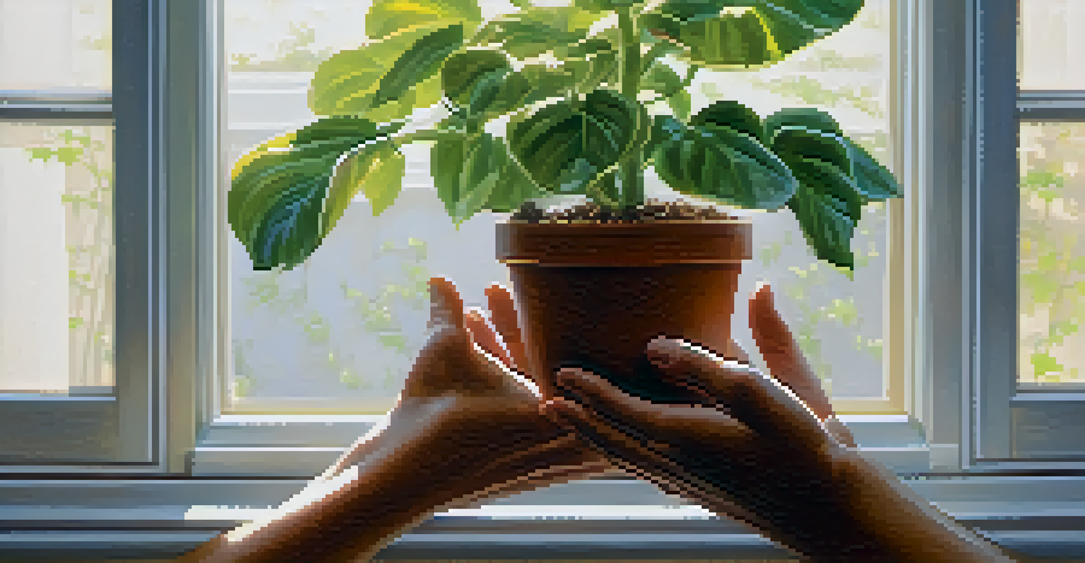 Close-up of aged hands holding a small potted plant in a sunlit room, symbolizing growth and sustainability.