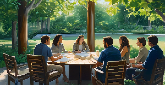 A group of club members engaged in discussion at a circular wooden table surrounded by greenery, with sunlight filtering through the leaves.