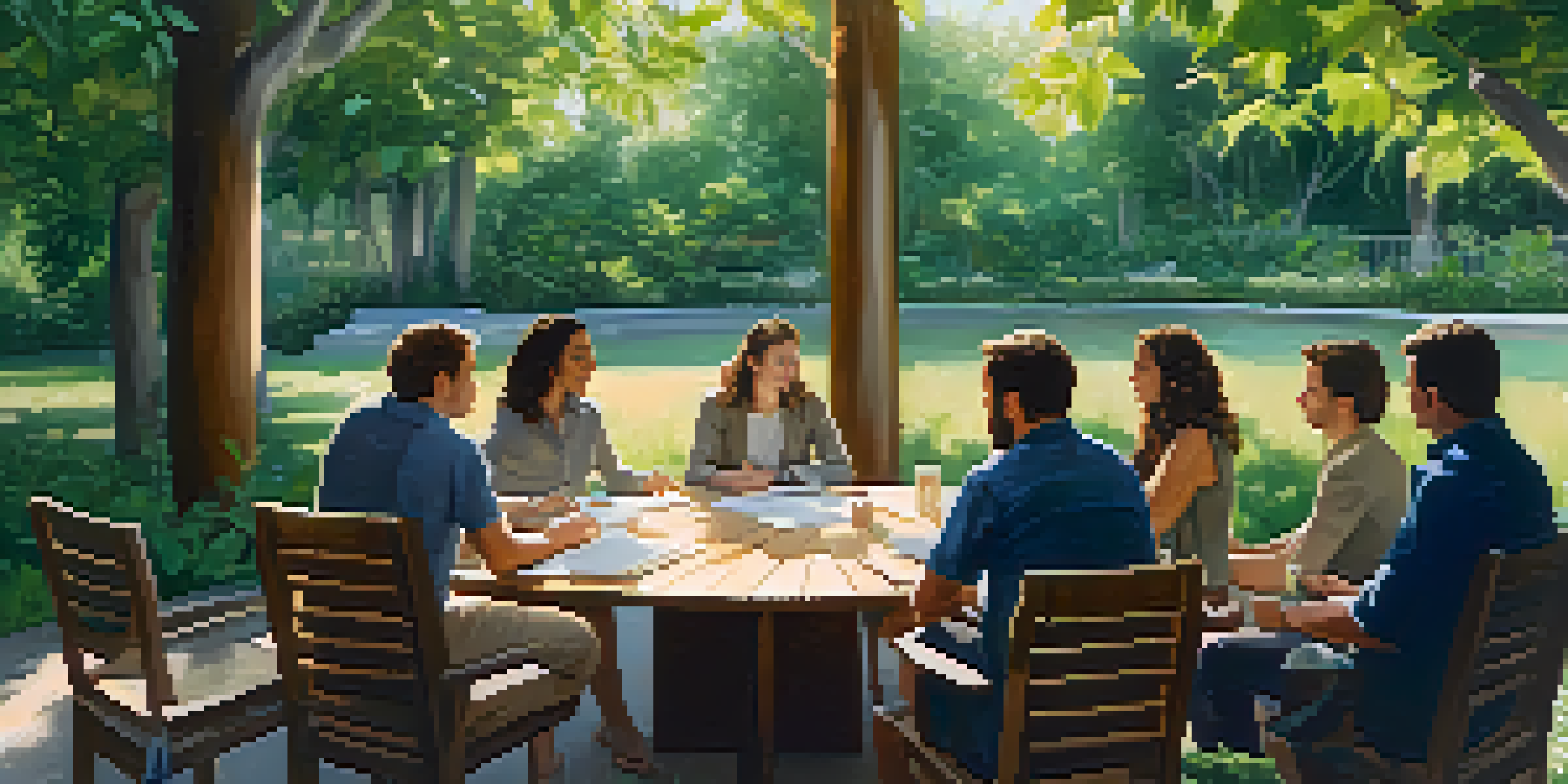 A group of club members engaged in discussion at a circular wooden table surrounded by greenery, with sunlight filtering through the leaves.