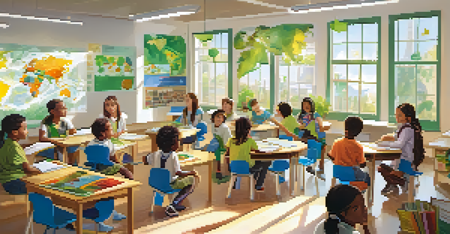 Young students in a bright classroom engaged in a collaborative project about renewable energy, surrounded by educational materials.