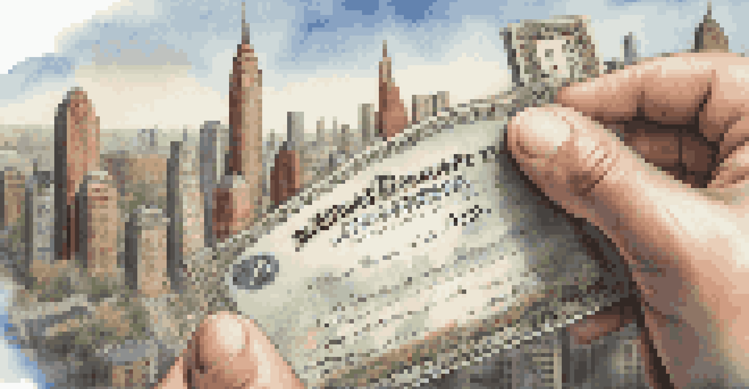 A hand holding a municipal bond certificate in front of a city skyline, emphasizing investment in local projects.