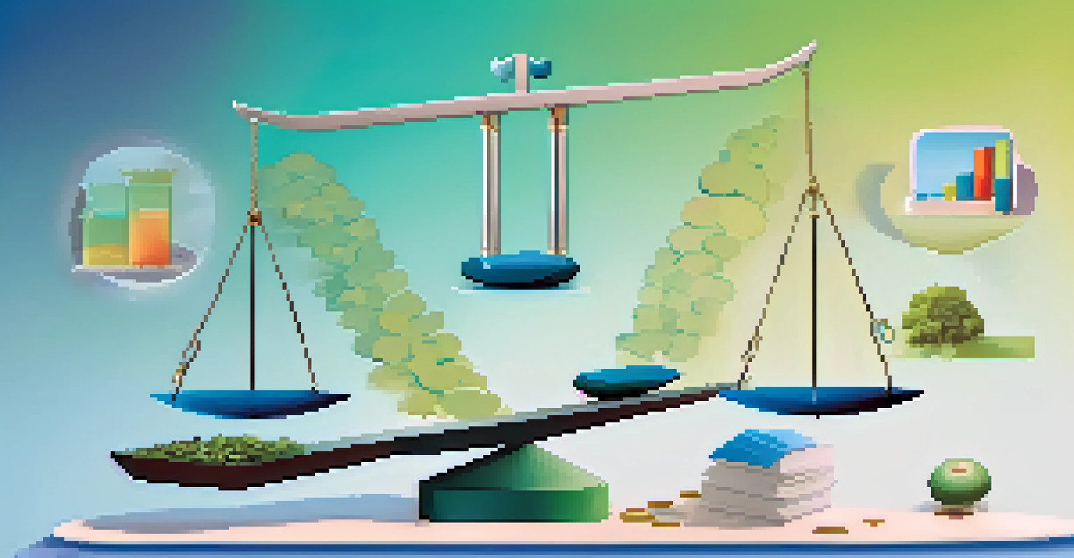 An abstract image of a balancing scale with colorful investment icons, set against a calming blue and green gradient background.