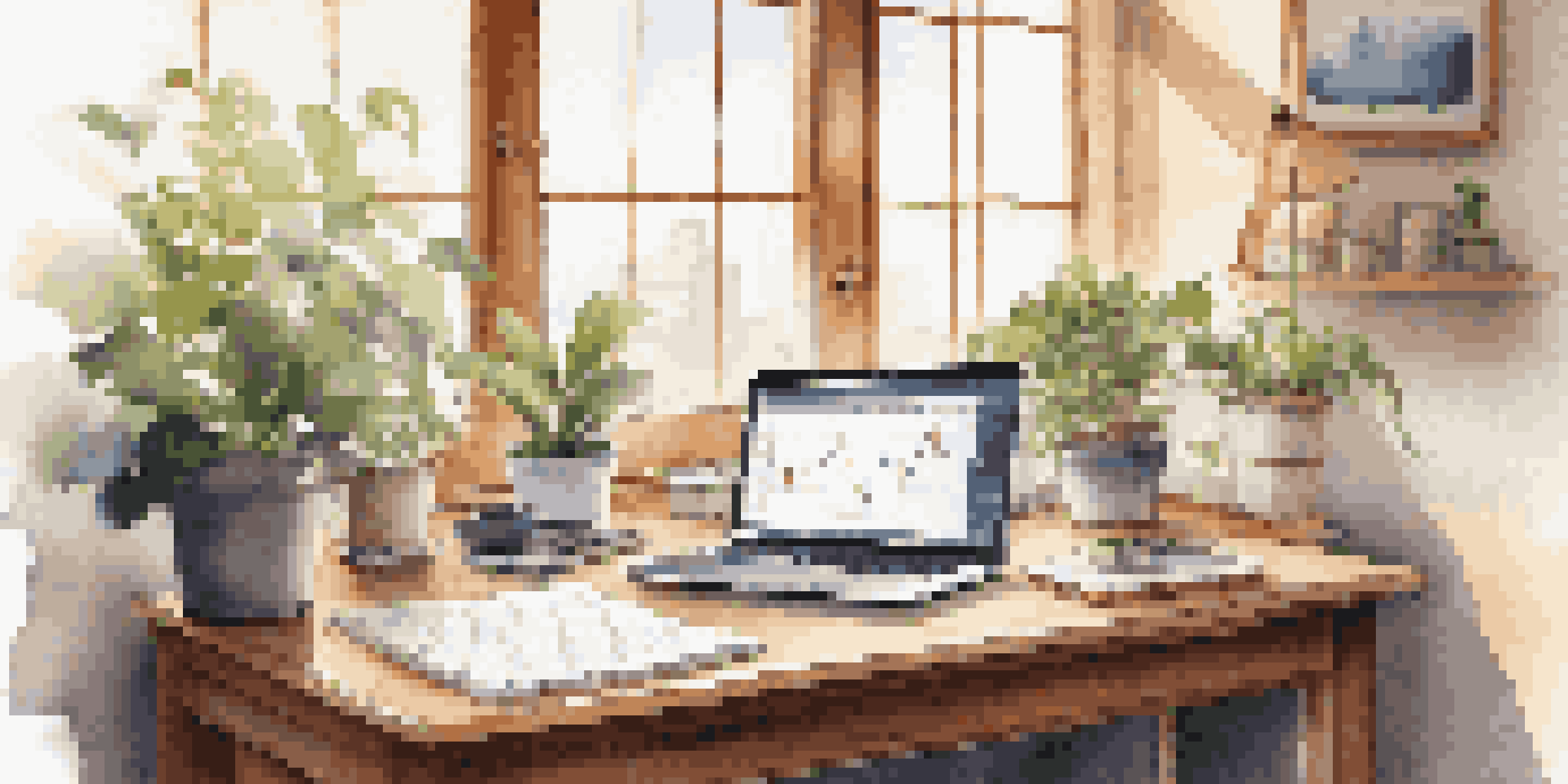 A wooden desk with a laptop showing stock market graphs, a notepad, and a cup of coffee in a sunlit room.