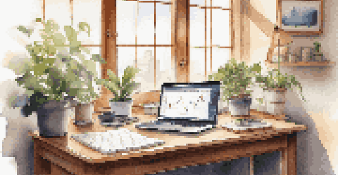 A wooden desk with a laptop showing stock market graphs, a notepad, and a cup of coffee in a sunlit room.