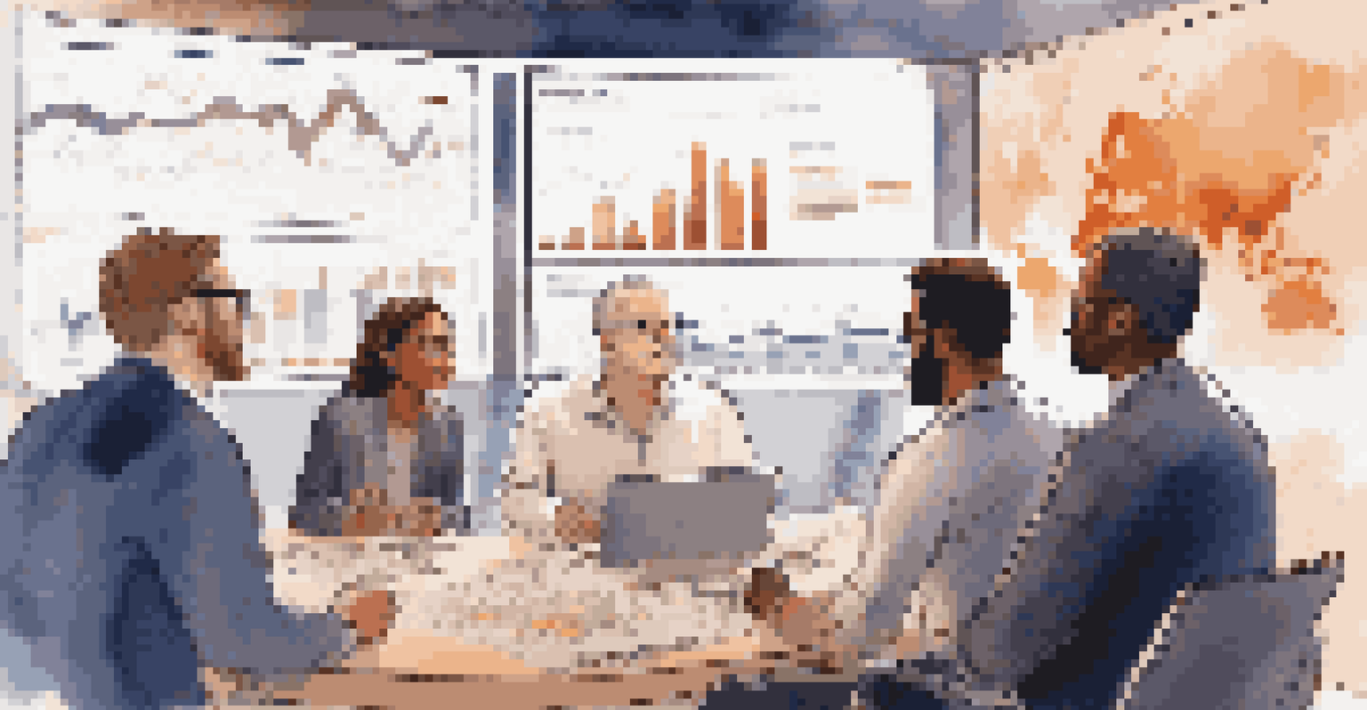 A group of investors in a strategy session, surrounded by screens showing market data, engaged in collaboration and discussion.