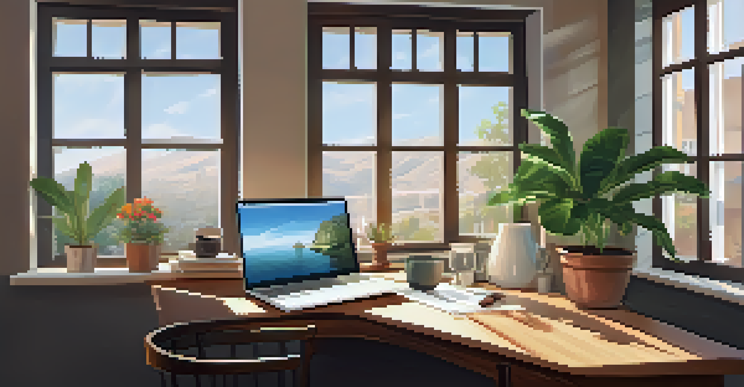 A warm and inviting workspace featuring a wooden desk, a laptop, a plant, and a coffee cup, illuminated by natural light.
