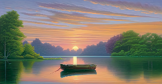 A peaceful lake at sunset with lush green trees and a small wooden boat drifting on the water.