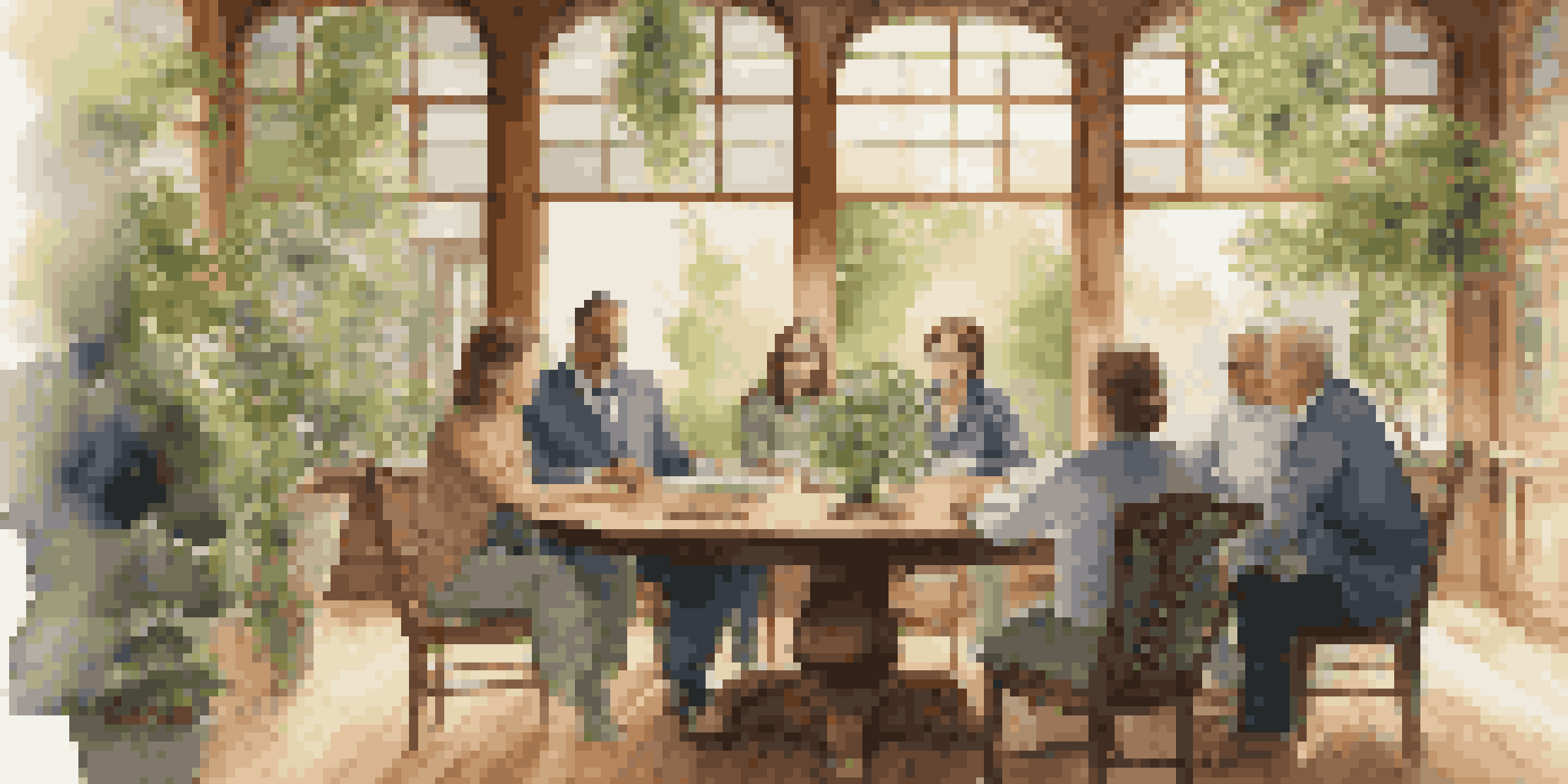 A family gathered around a wooden table discussing their family business with a family tree displayed, illuminated by soft natural light.