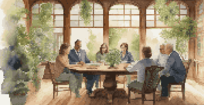 A family gathered around a wooden table discussing their family business with a family tree displayed, illuminated by soft natural light.