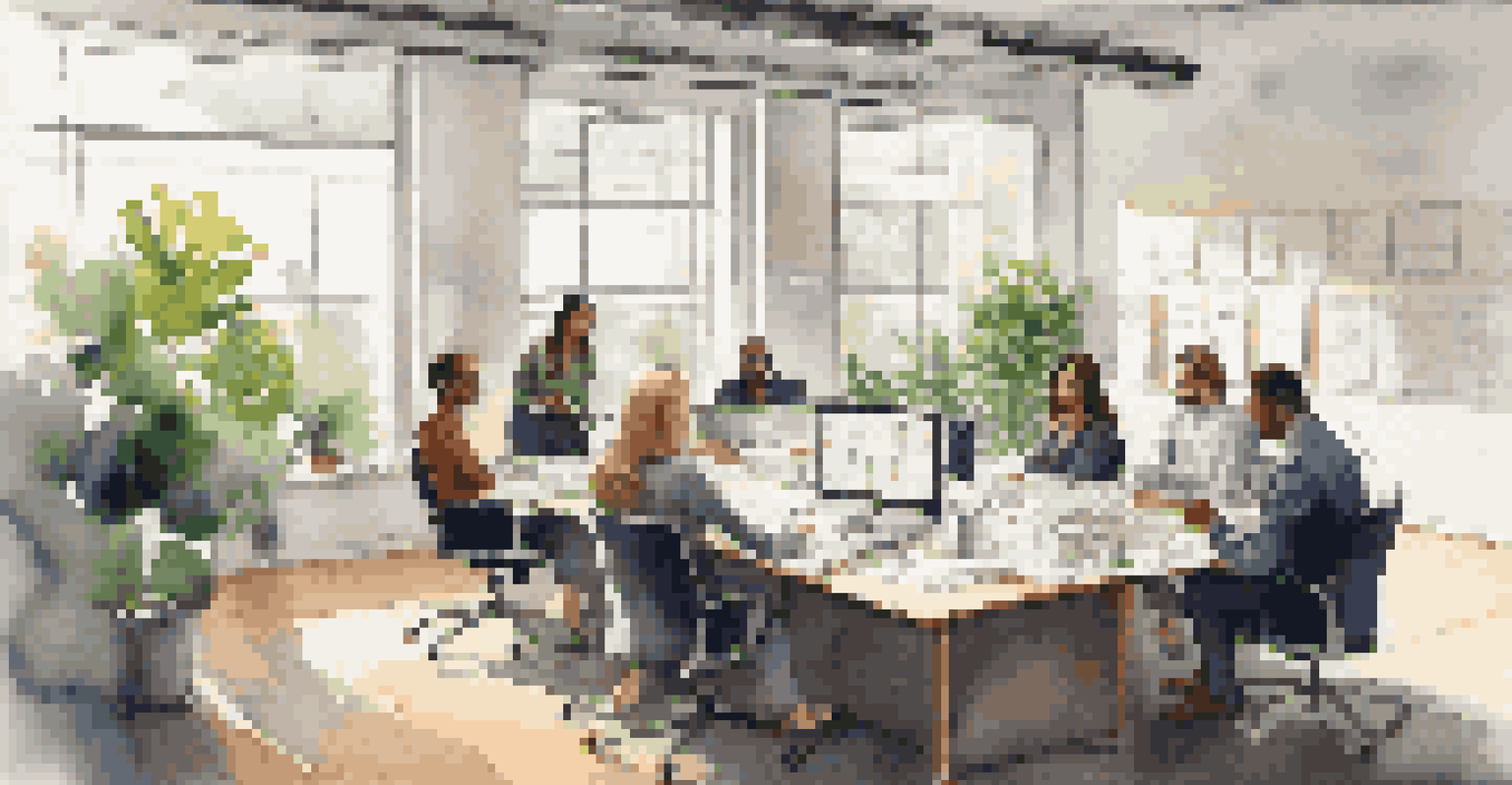 A team of professionals collaborating in an office setting, surrounded by charts and laptops.