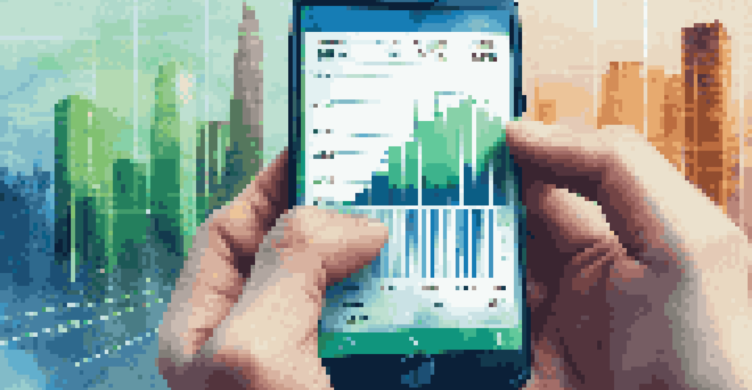 A hand holding a smartphone showing stock market trends against a blurred city skyline.