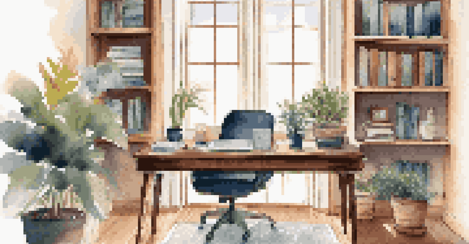 An elegant home office with a wooden desk, laptop, potted plant, and bookshelves in the background, illuminated by natural light.
