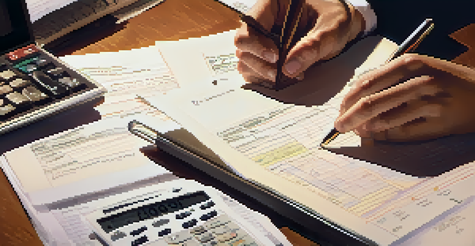 Close-up of hands writing a budget plan on a notepad, surrounded by financial documents and a calculator, with warm light from a desk lamp.