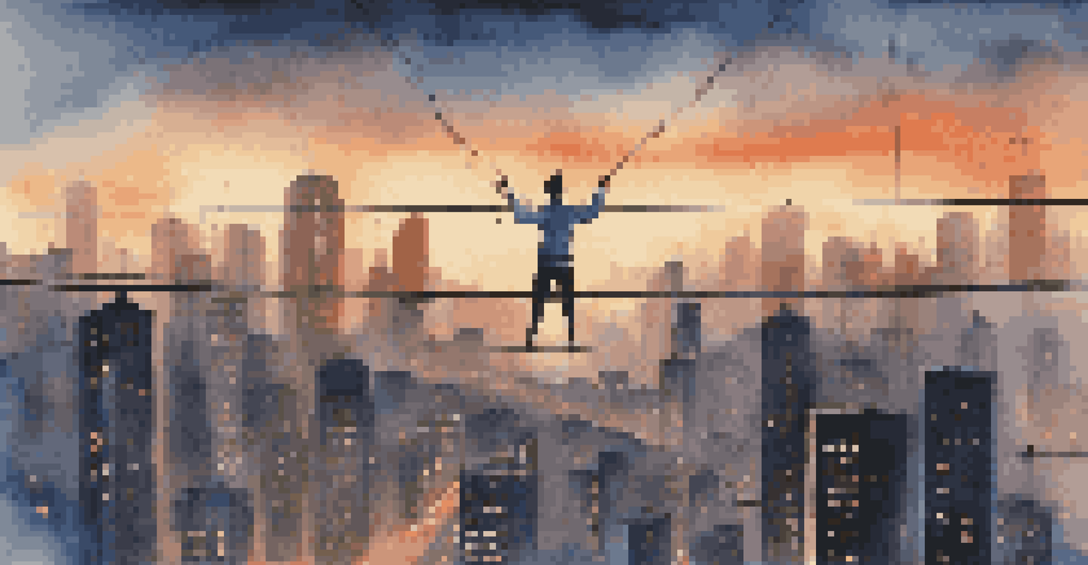 A tightrope walker balancing on a thin line against a blurred cityscape at dusk, representing careful cost management in business.