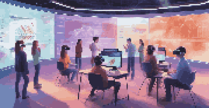 A classroom where students are wearing VR headsets, learning about finances through interactive simulations.