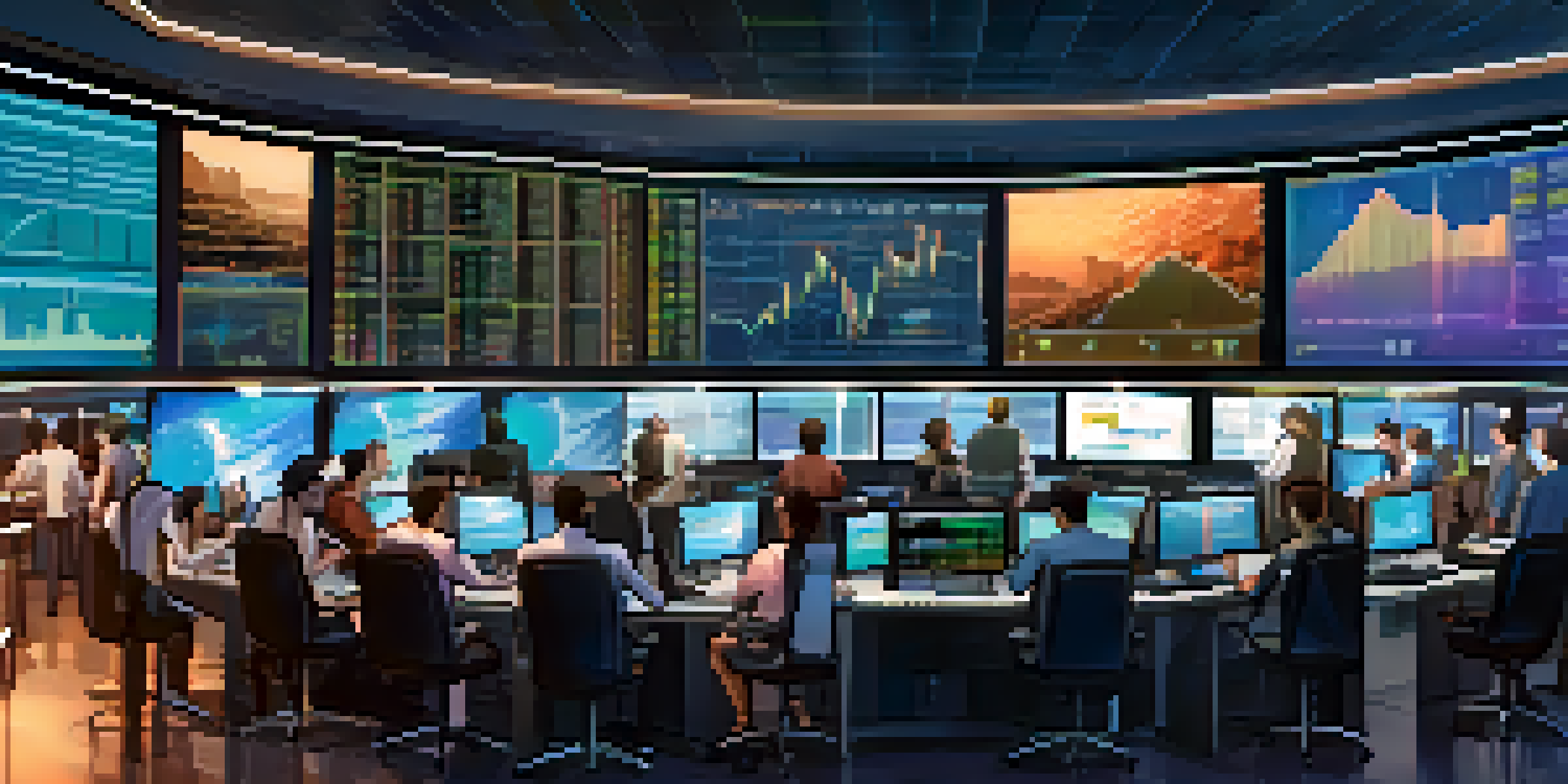 A busy cryptocurrency trading floor with diverse investors looking at charts and screens, showcasing fluctuating prices.