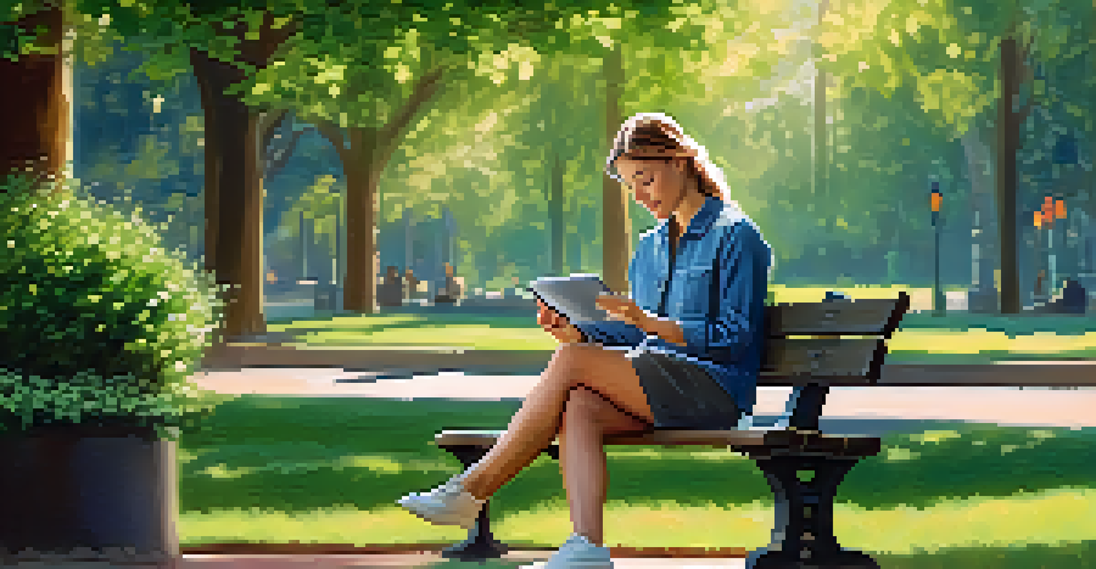 A person in a park reviewing their finances on a tablet, surrounded by greenery and sunlight, symbolizing a peaceful budgeting process.