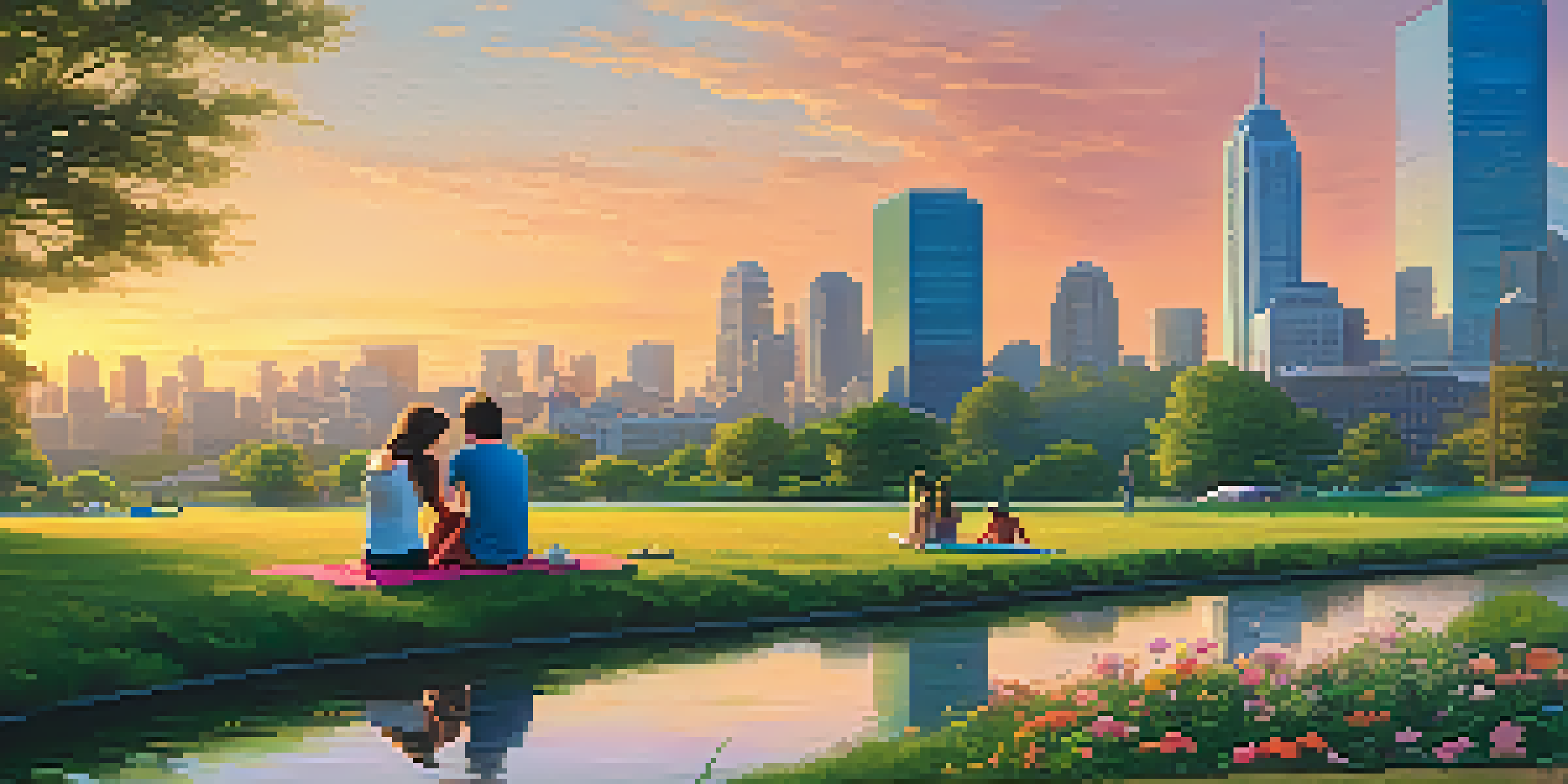 A modern city skyline at sunset with glass buildings and a park in the foreground.