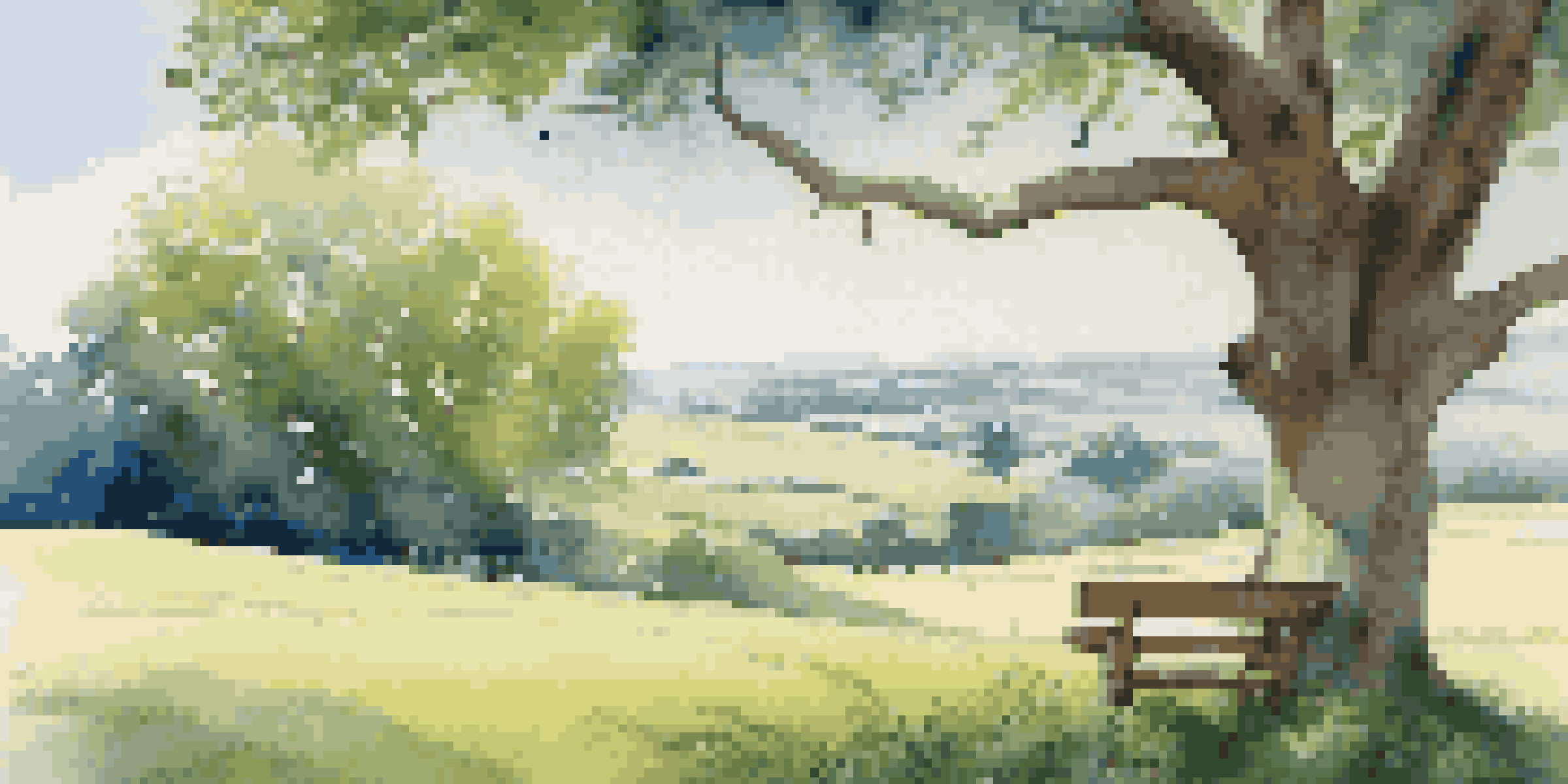 A picturesque green field with a large tree providing shade and fruit, a wooden bench in the foreground, and butterflies flying around.