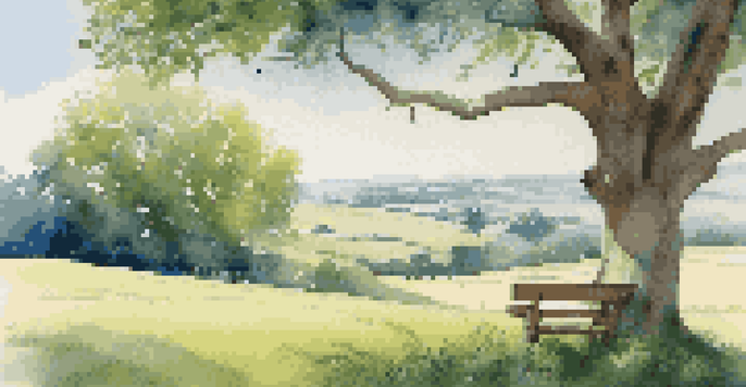 A picturesque green field with a large tree providing shade and fruit, a wooden bench in the foreground, and butterflies flying around.