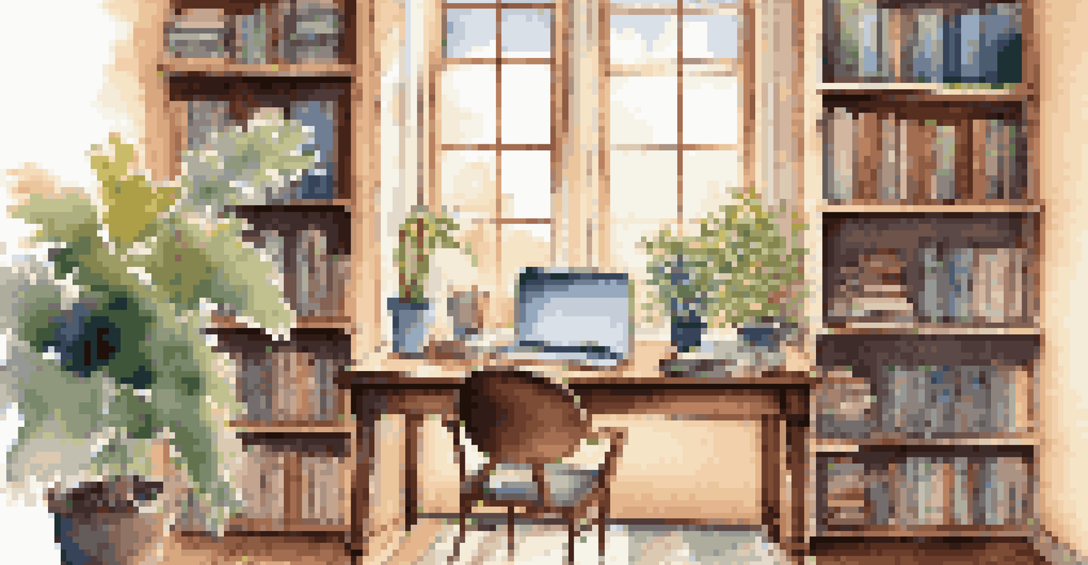 A cozy home office with a wooden desk, laptop, and sunny window, creating a warm and inviting atmosphere.