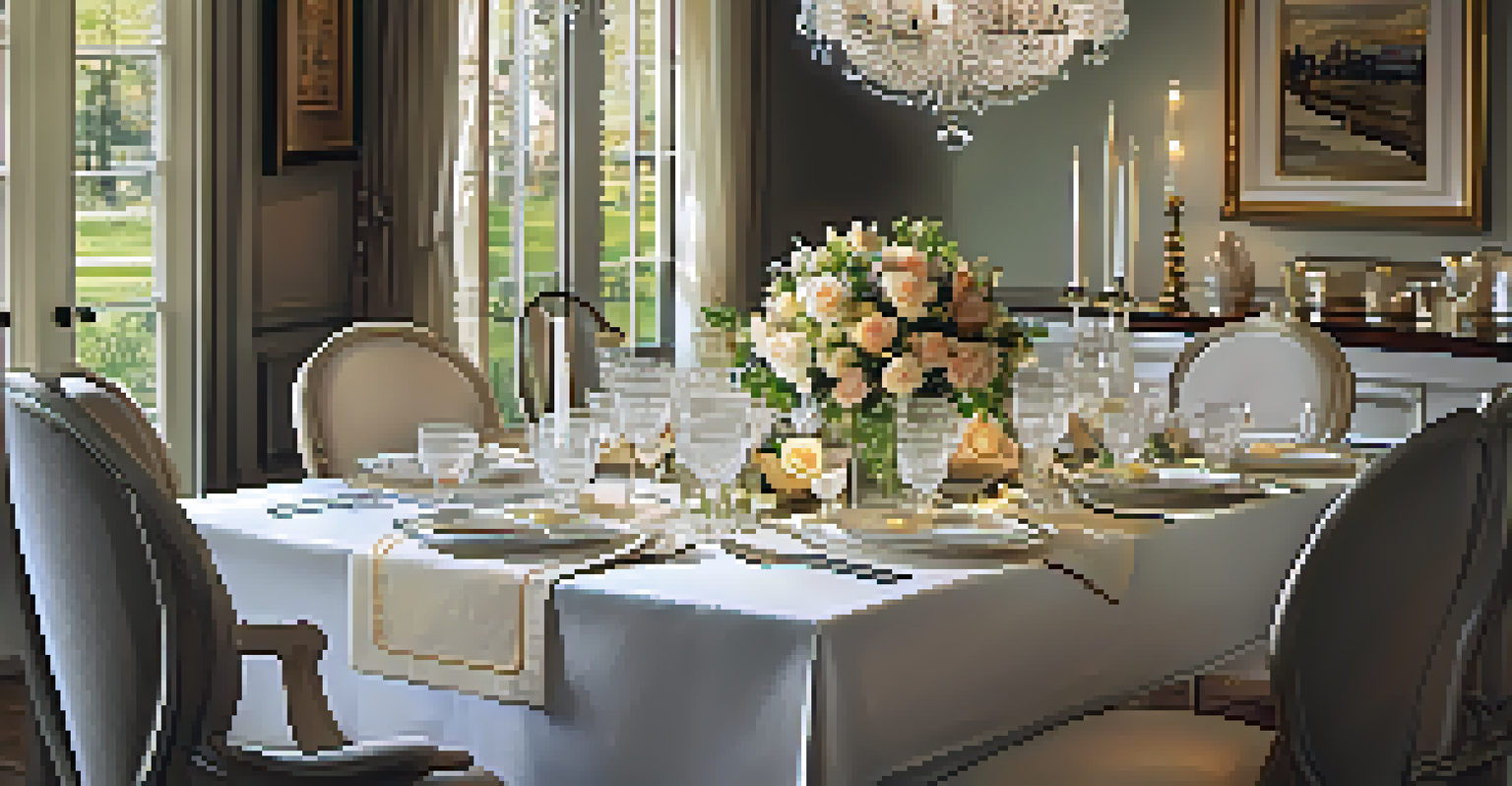 An elegant dining room with a beautifully set table for a special occasion, featuring fine china and candlelight.