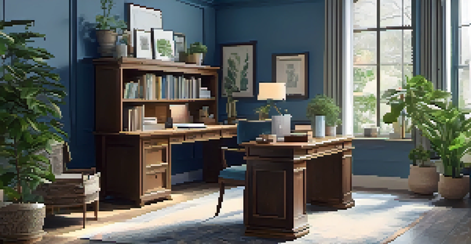 A cozy home office with a wooden desk, laptop, and plants, illuminated by natural light.