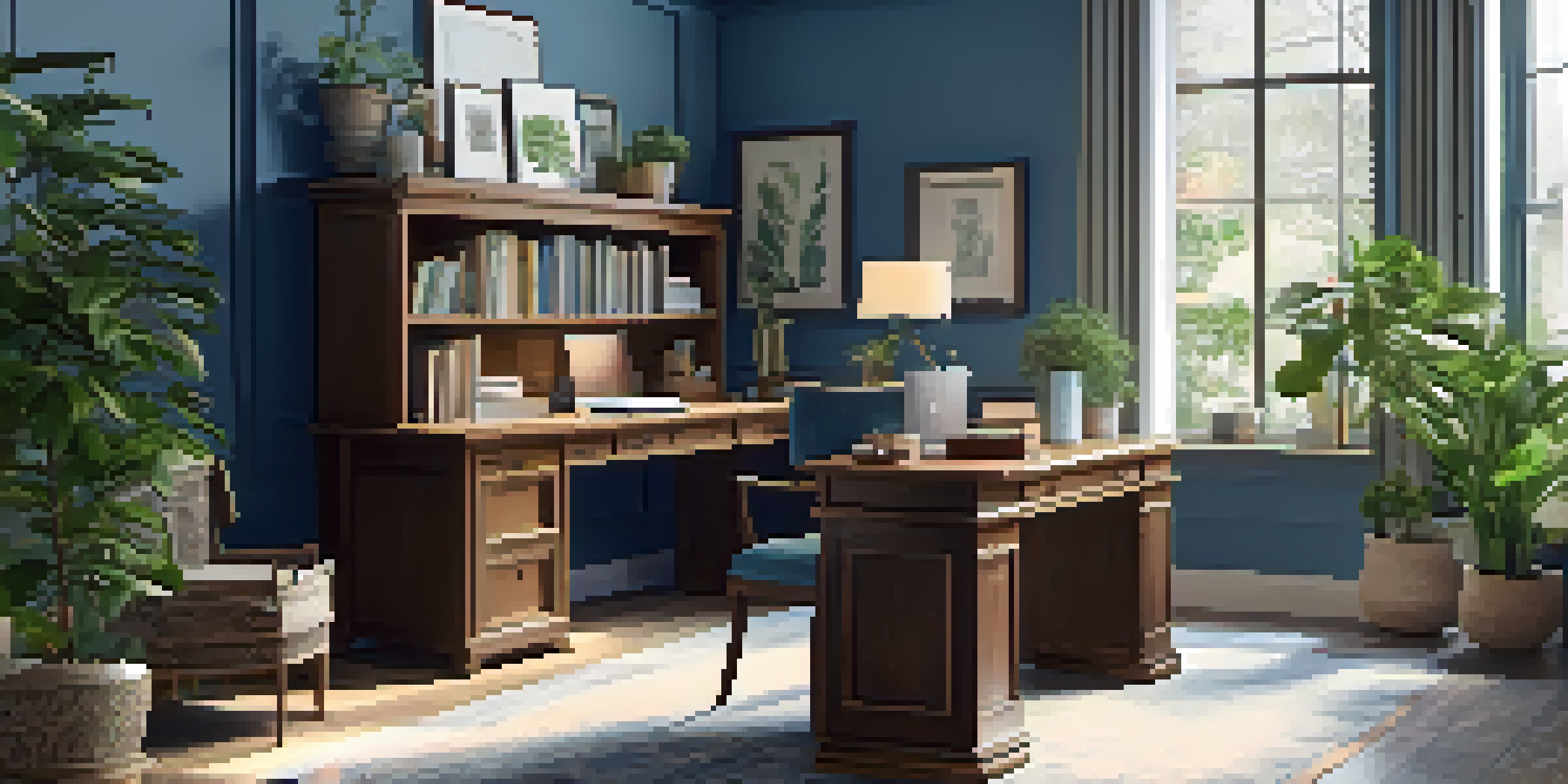 A cozy home office with a wooden desk, laptop, and plants, illuminated by natural light.