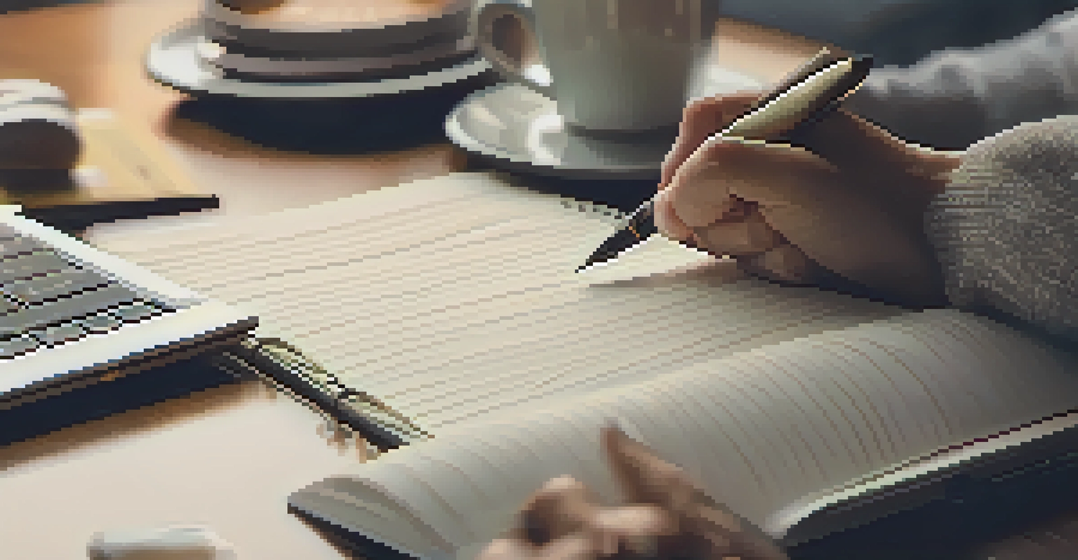 A close-up of a hand writing in a notebook, with a coffee cup and laptop in the background.