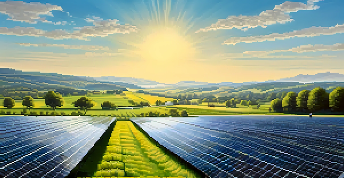 A solar farm with solar panels in a green landscape, people planting trees in the foreground.