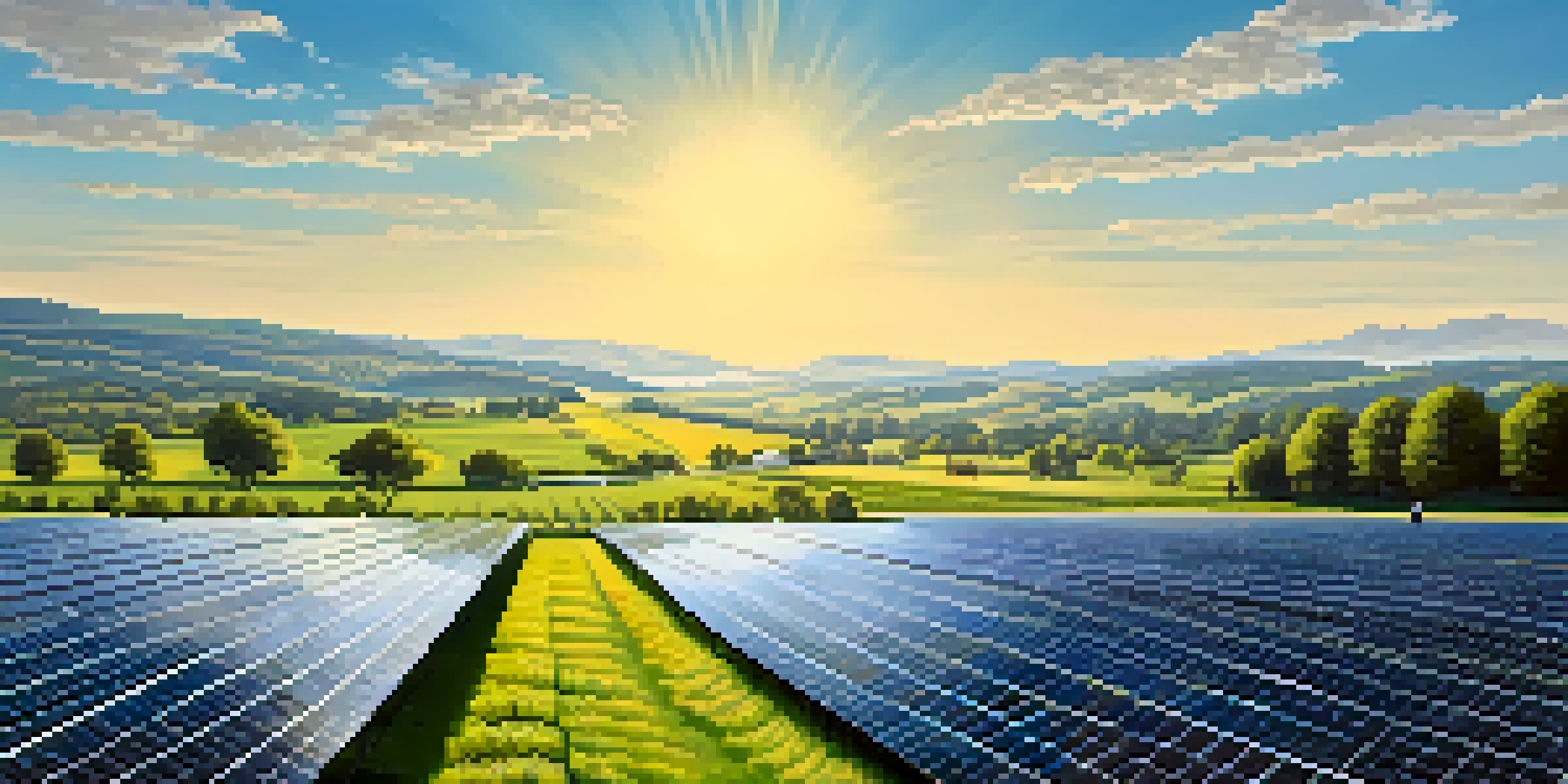 A solar farm with solar panels in a green landscape, people planting trees in the foreground.