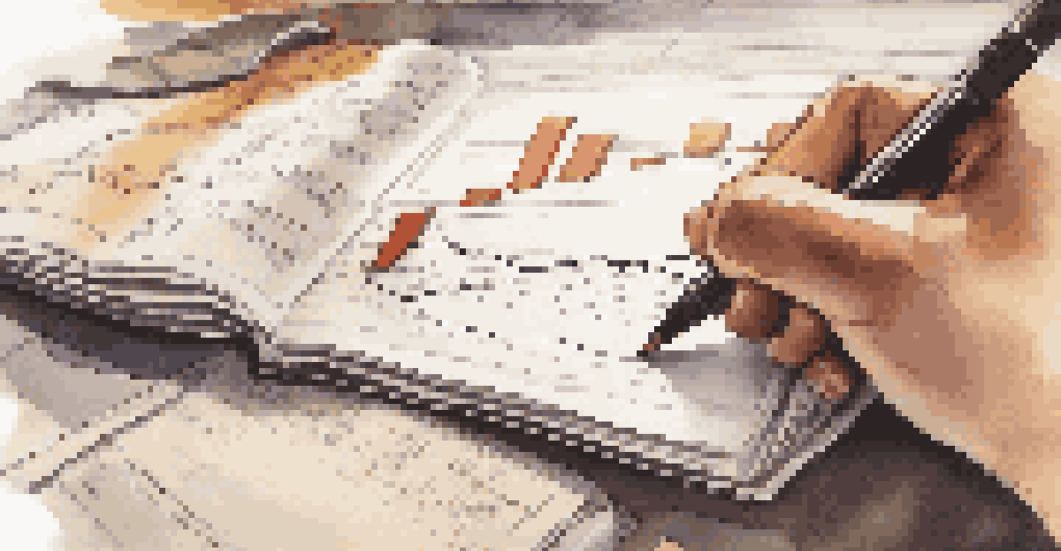 A hand writing notes in a notebook with a laptop showing investment data in the background.