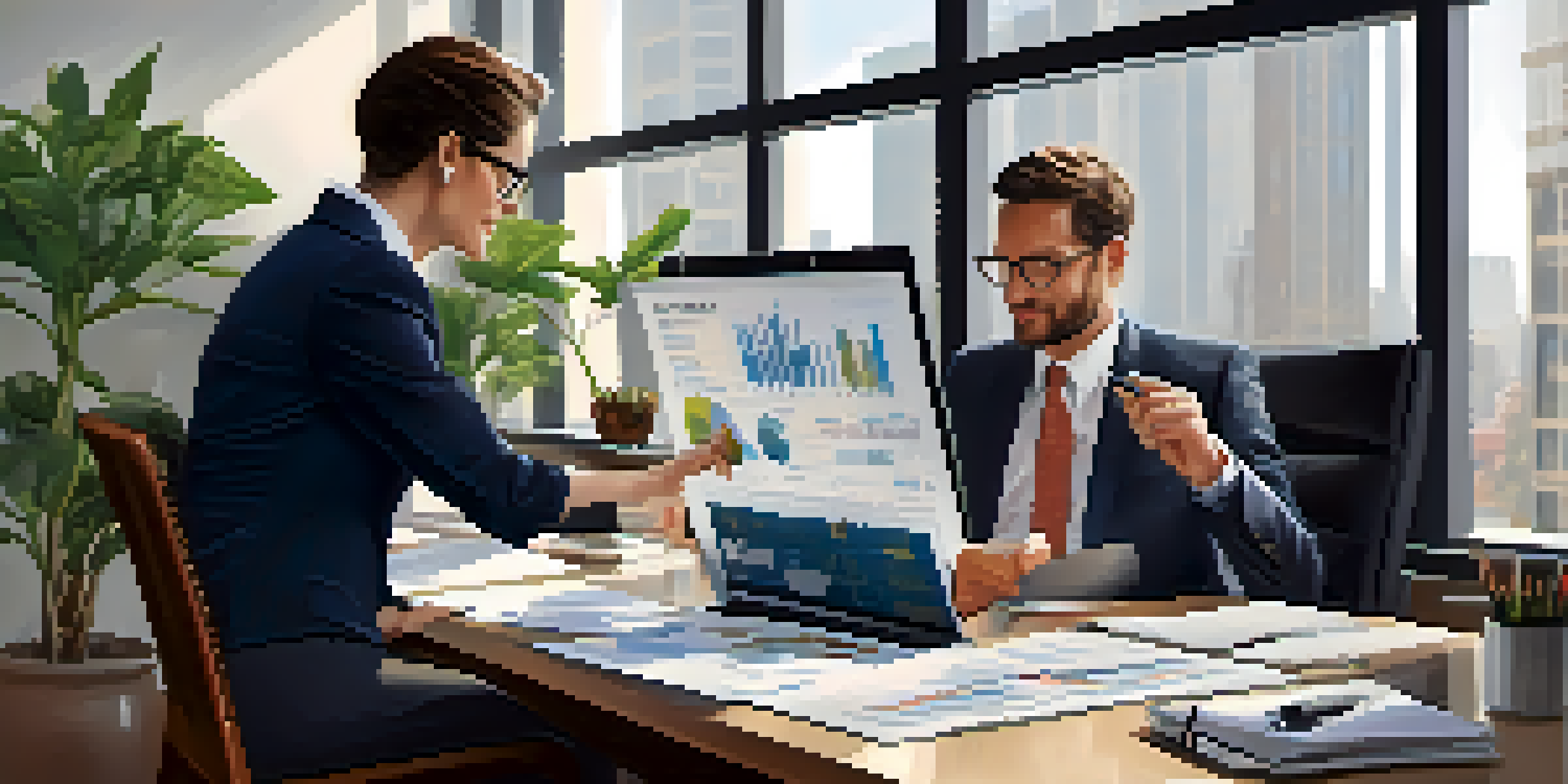 A financial advisor discussing investment strategies with a client at a desk, with financial charts and a laptop in a well-lit office.