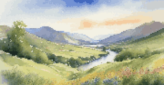 A beautiful green valley with a river and mountains under a clear blue sky.