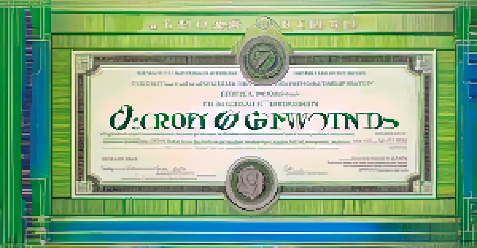 An illuminated bond certificate surrounded by financial graphs and numbers on a blue and green gradient background.