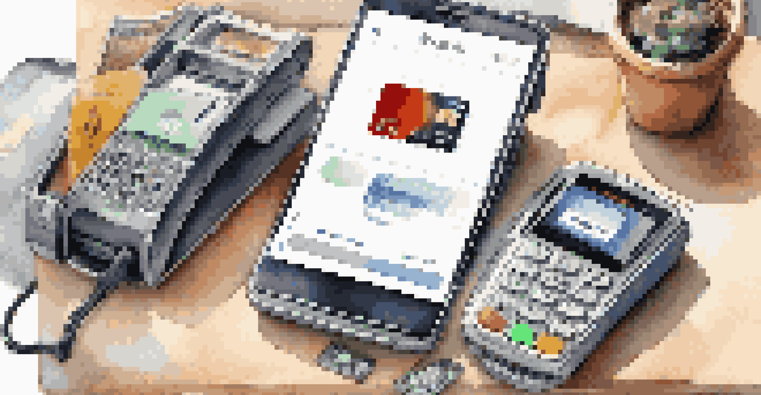 An overhead view of a modern workspace with a smartphone showing a mobile payment app and a contactless payment terminal, surrounded by credit cards and illuminated by natural light.
