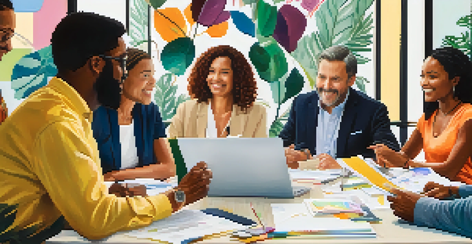 A diverse group of individuals discussing philanthropic initiatives around a table with papers and laptops, in a bright room with plants and colorful artwork.