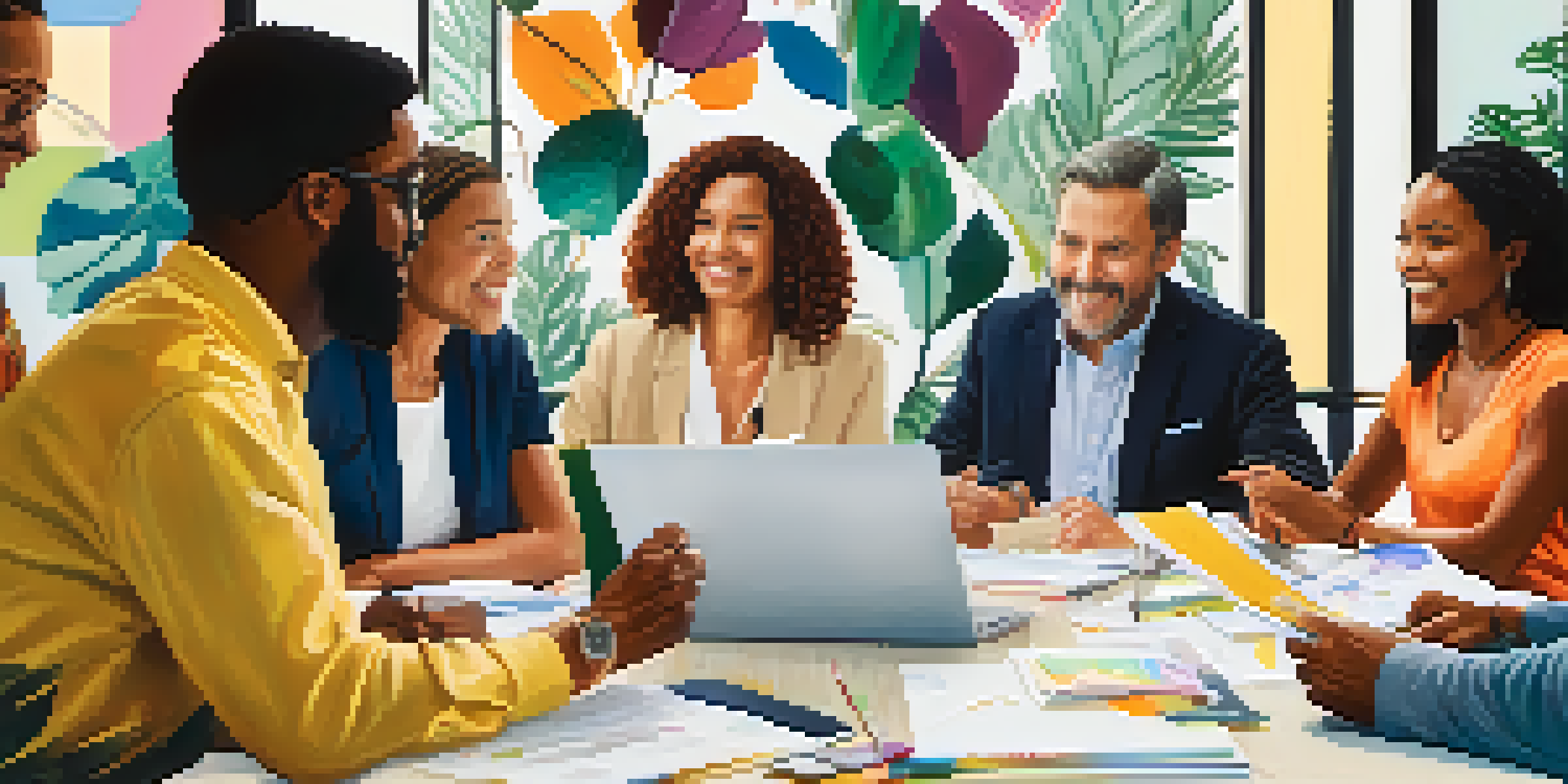 A diverse group of individuals discussing philanthropic initiatives around a table with papers and laptops, in a bright room with plants and colorful artwork.