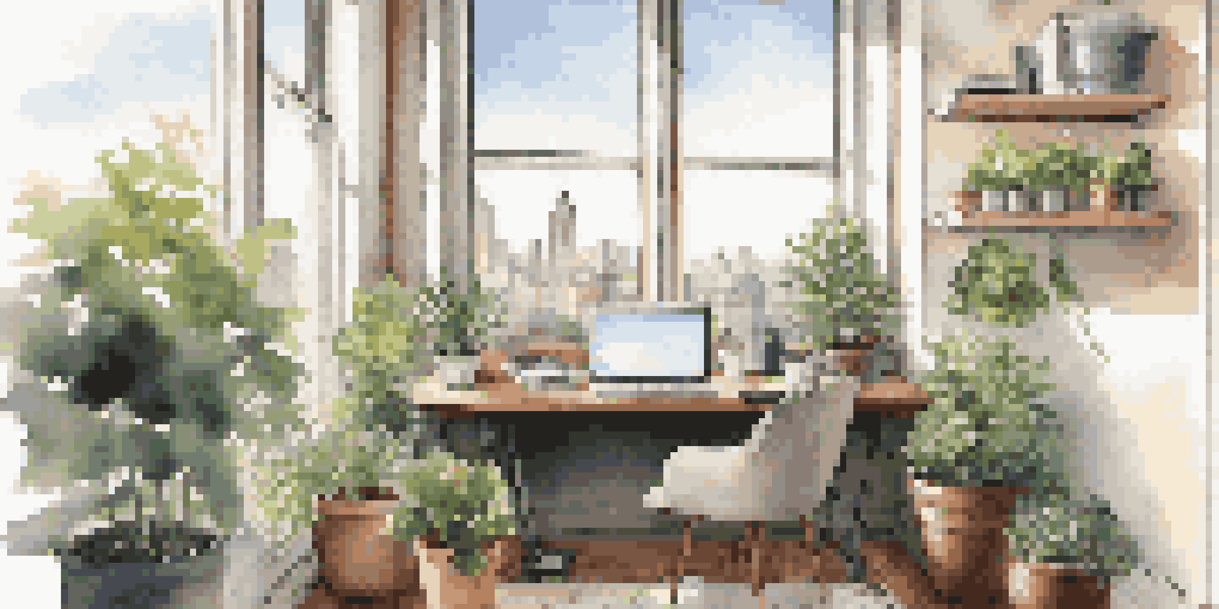 A well-organized office space featuring a laptop, notepad, and coffee cup, with a city view outside the window and potted plants.