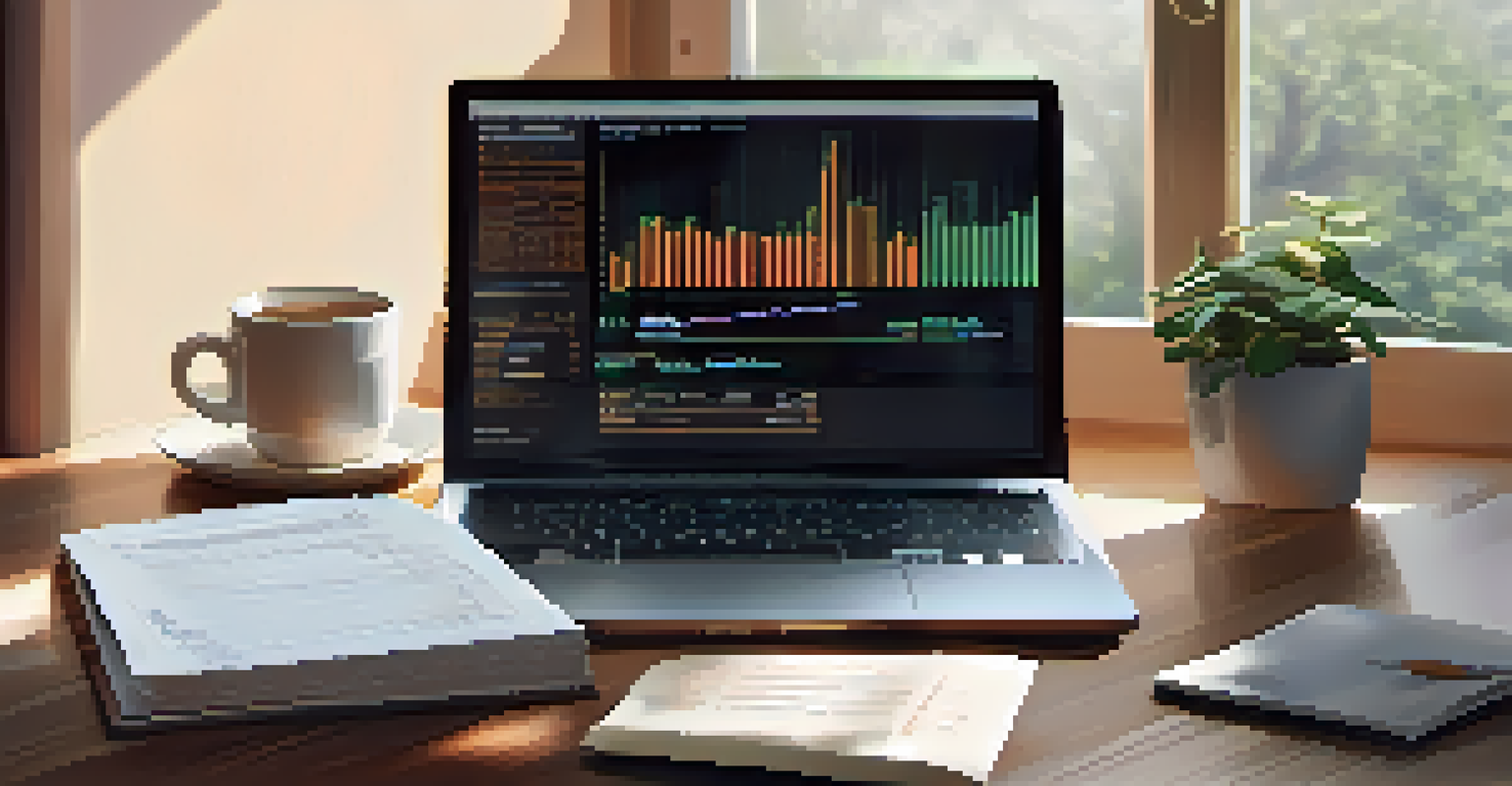 A workspace with a laptop on a cryptocurrency exchange website, notes, a cup of coffee, and a plant, illuminated by morning light.