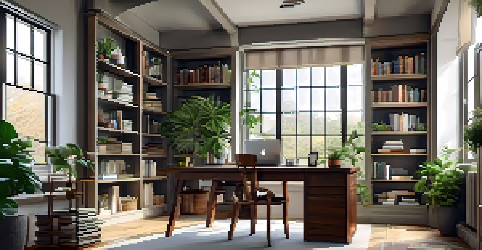 A stylish home office with a wooden desk, laptop, coffee cup, and sunlight pouring in through a large window.
