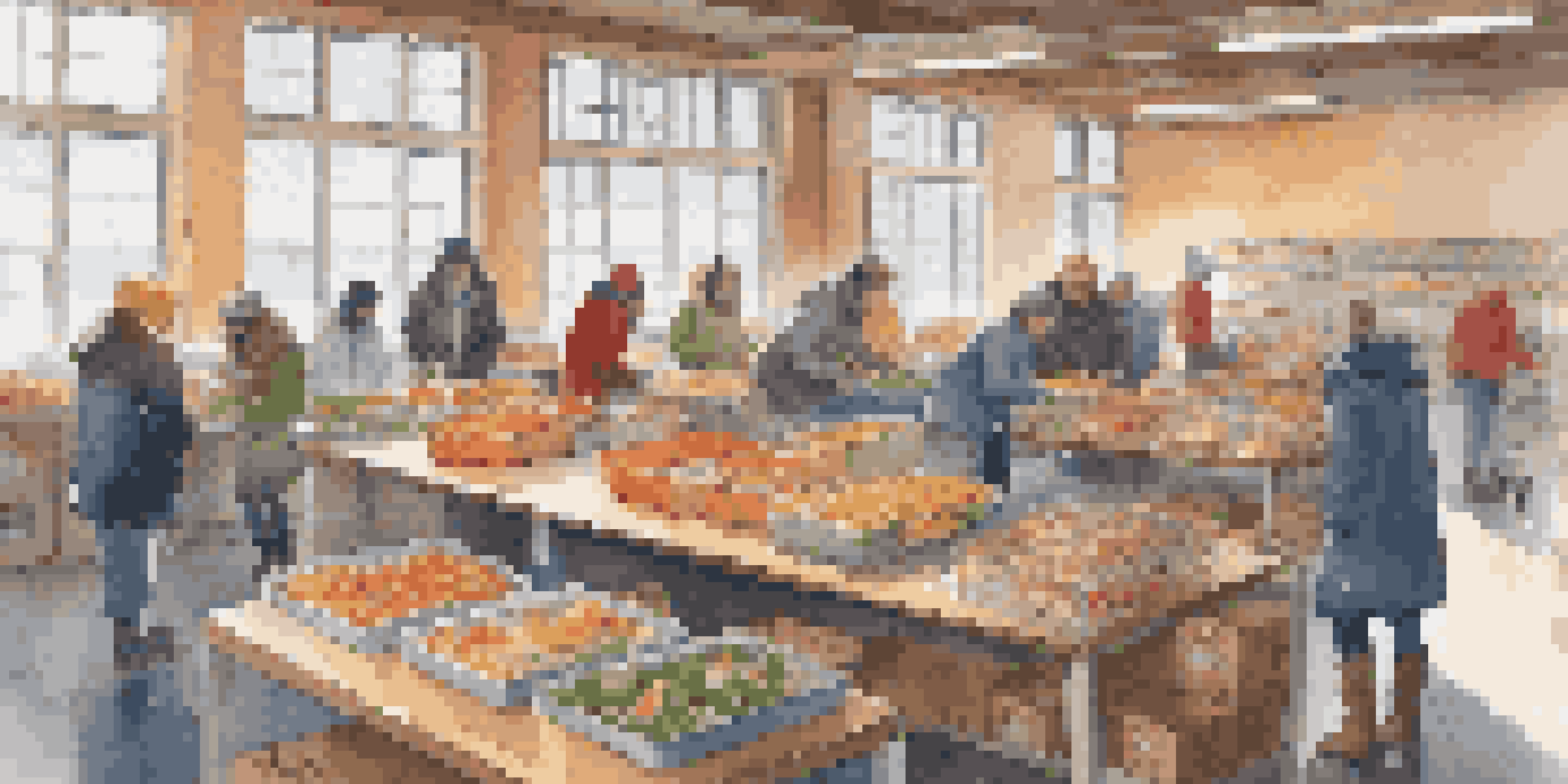 Interior view of a community center with volunteers sorting food donations on a winter day, showcasing warmth and community spirit.