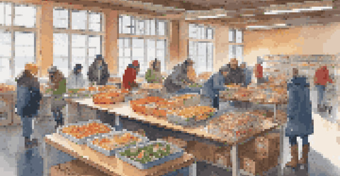 Interior view of a community center with volunteers sorting food donations on a winter day, showcasing warmth and community spirit.