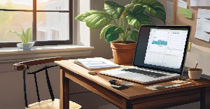 A wooden desk with a laptop displaying a cash flow statement, alongside a potted plant and notepad, illuminated by soft morning light.