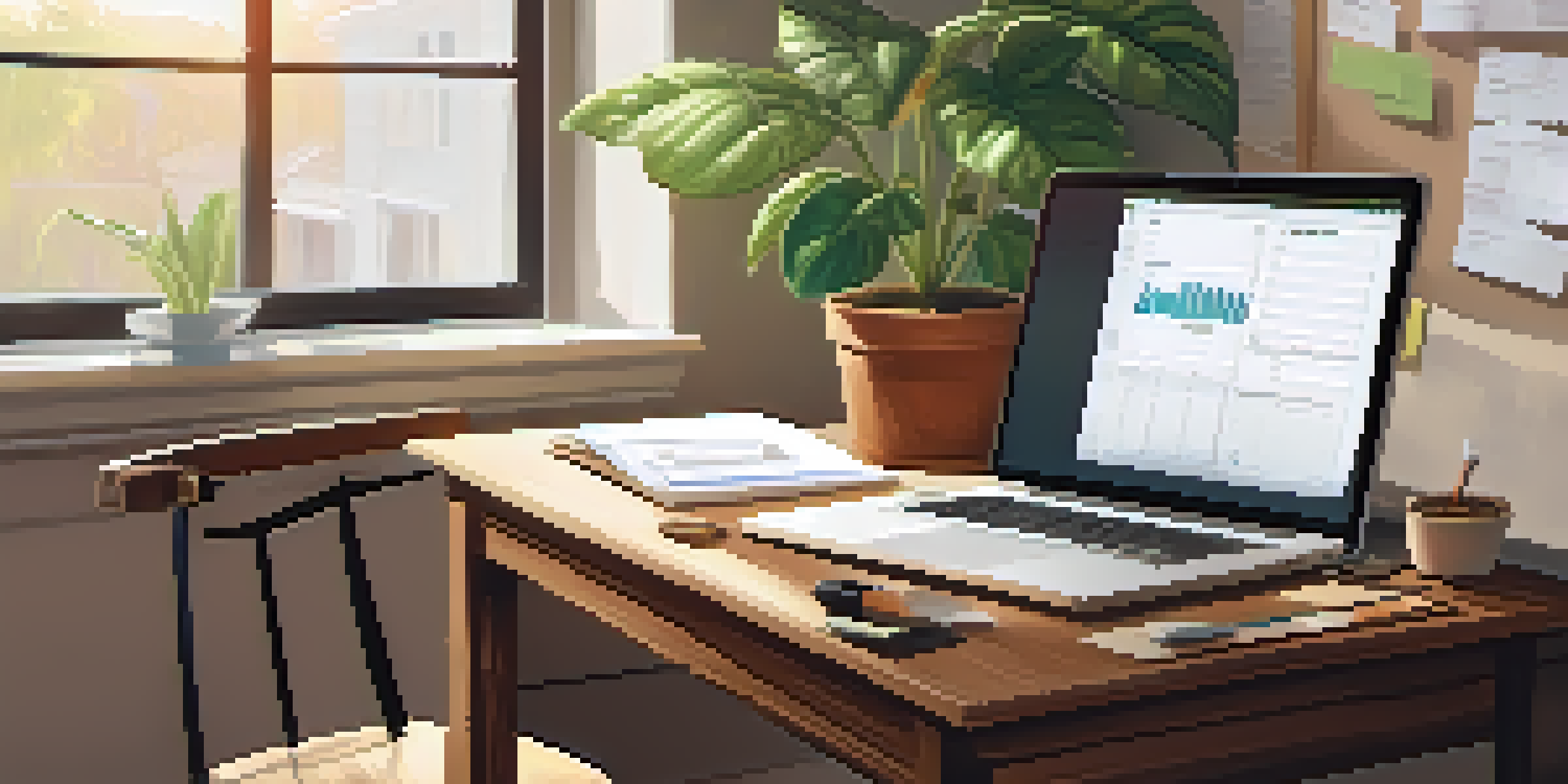 A wooden desk with a laptop displaying a cash flow statement, alongside a potted plant and notepad, illuminated by soft morning light.