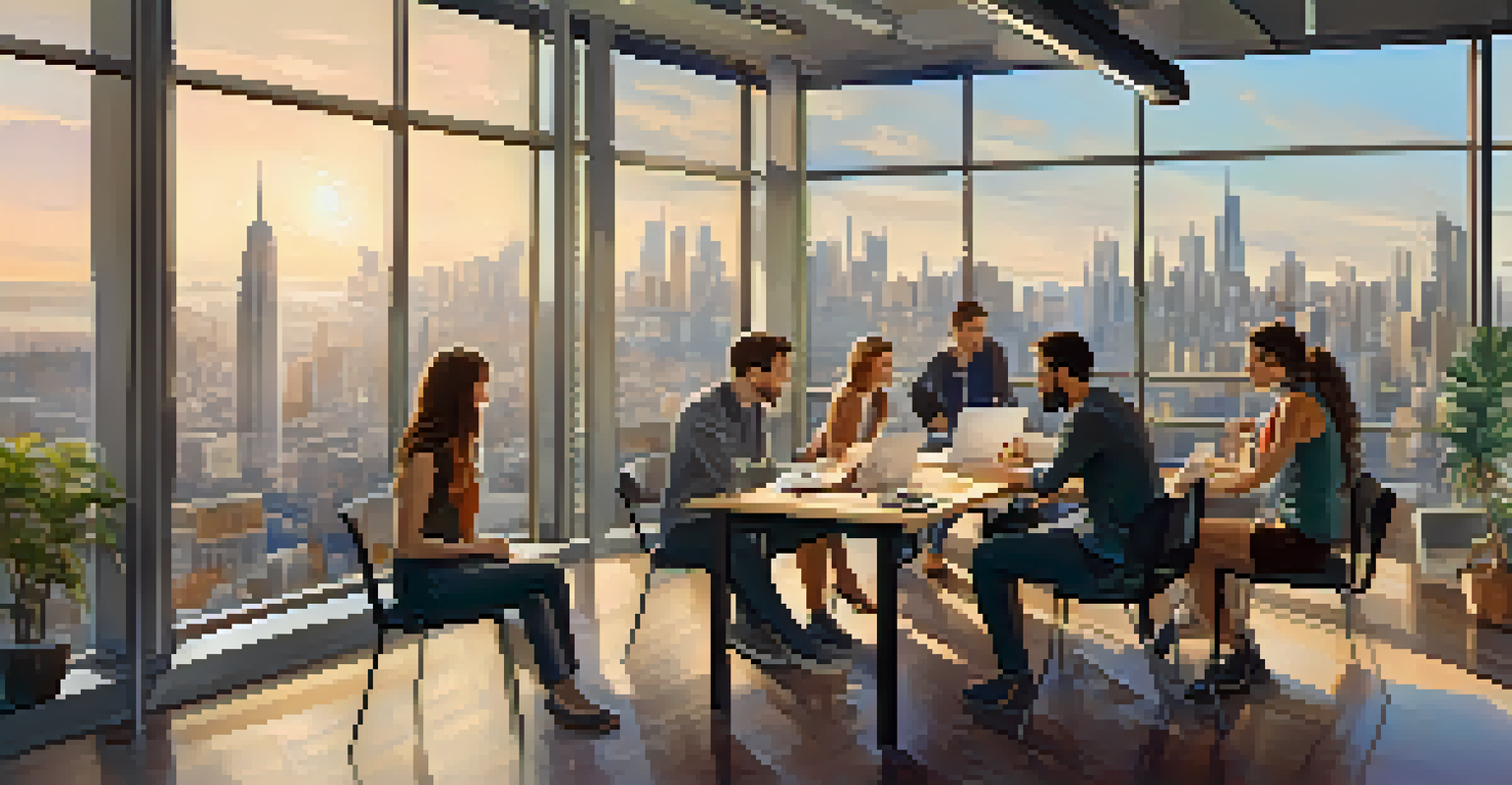 Young entrepreneurs collaborating around a table in a bright co-working space, with a city skyline in the background.