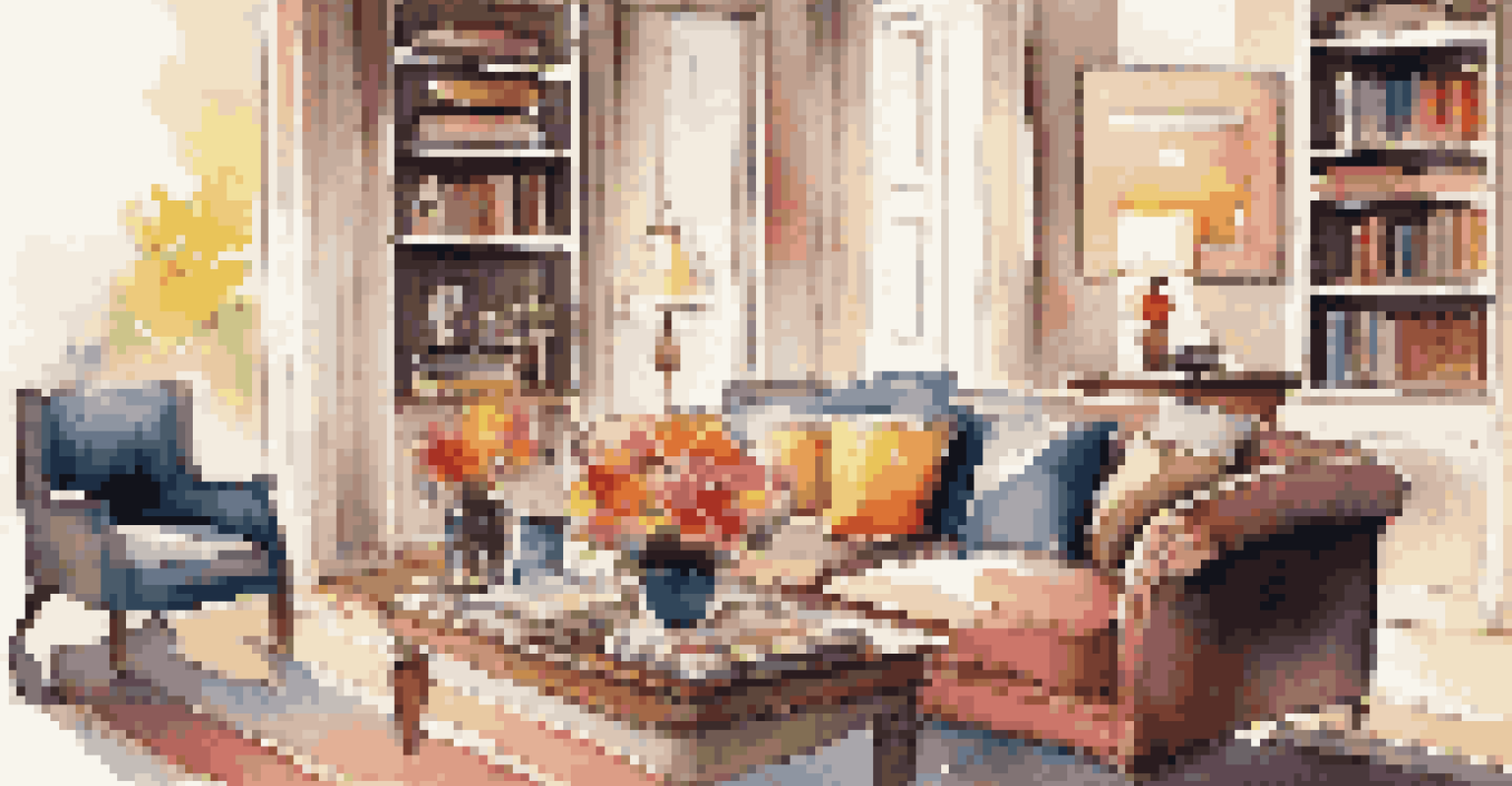 An elegant living room with a comfortable sofa, colorful cushions, and a coffee table with books and flowers, illuminated by warm light.