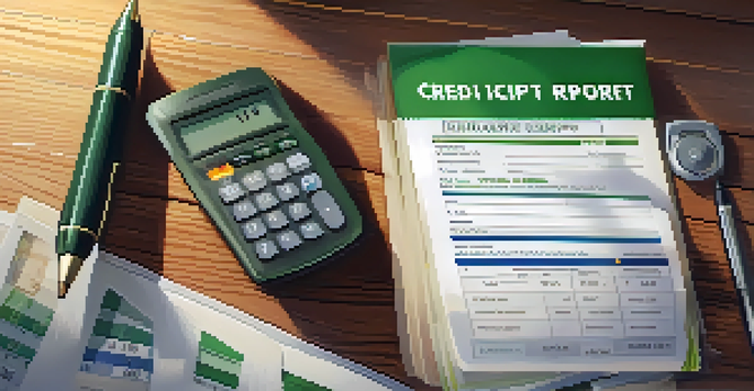 A detailed view of a credit report showing a high credit score with a calculator and pen on a wooden desk.