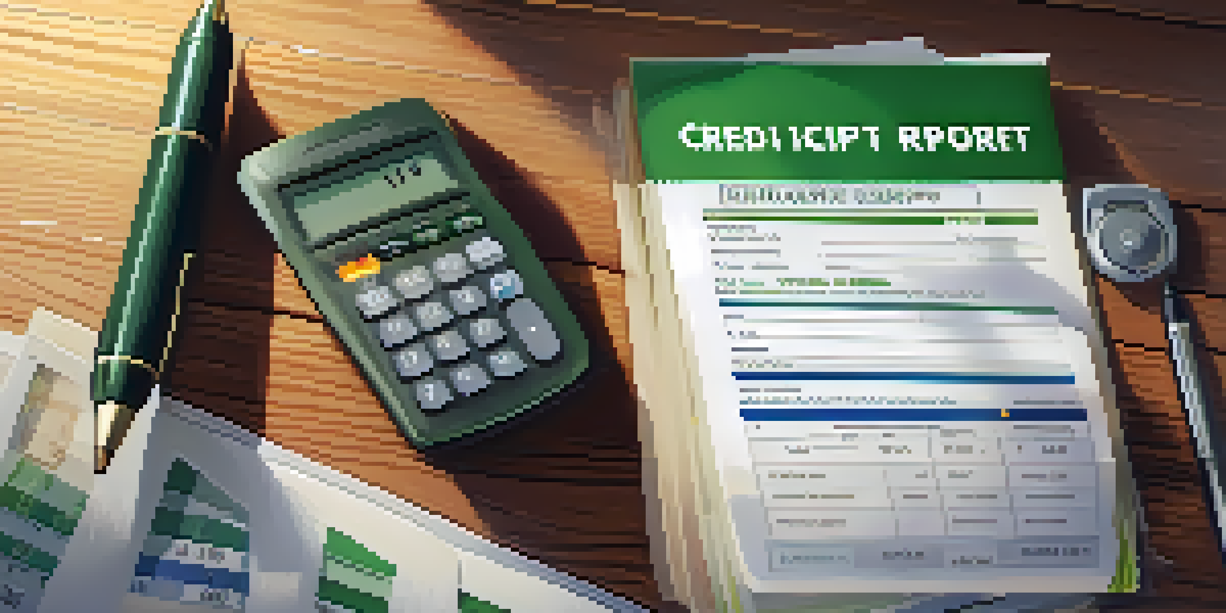 A detailed view of a credit report showing a high credit score with a calculator and pen on a wooden desk.