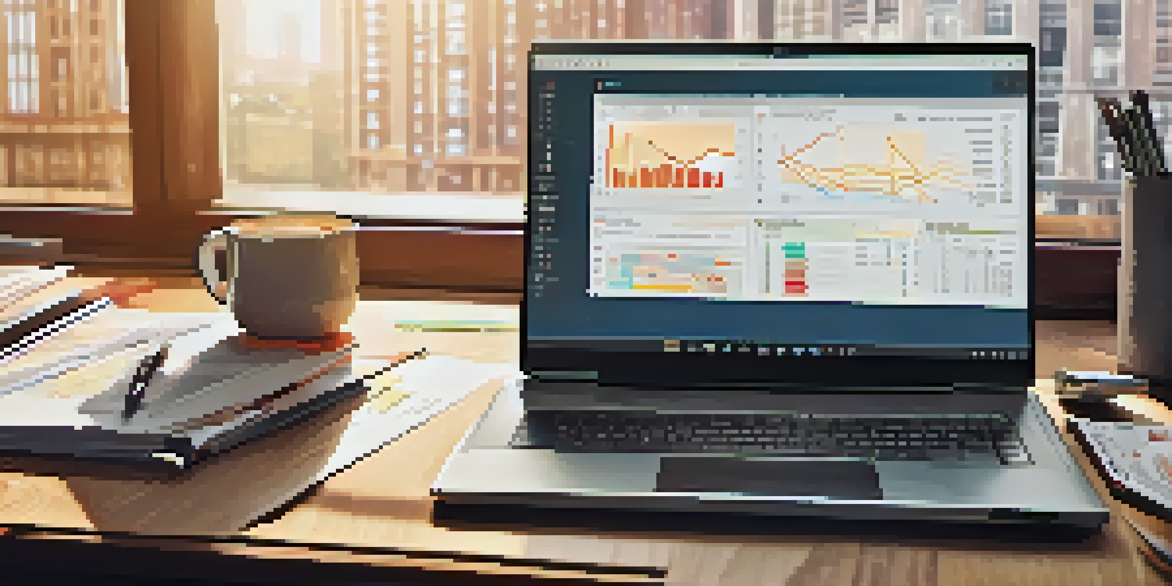 A close-up of a desk with a laptop displaying financial graphs, a calculator, a notepad, and a cup of coffee, illuminated by soft natural light.